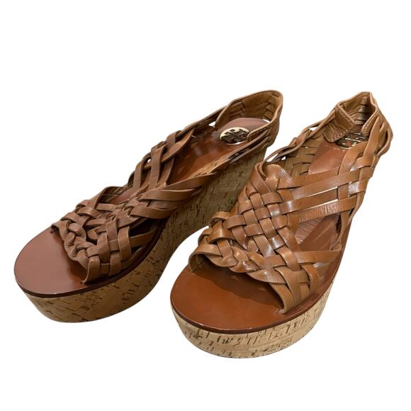 Tory Burch Killian Brown Leather Strappy Woven Cork Platform Wedge Sandals 9.5 - Picture 2 of 10
